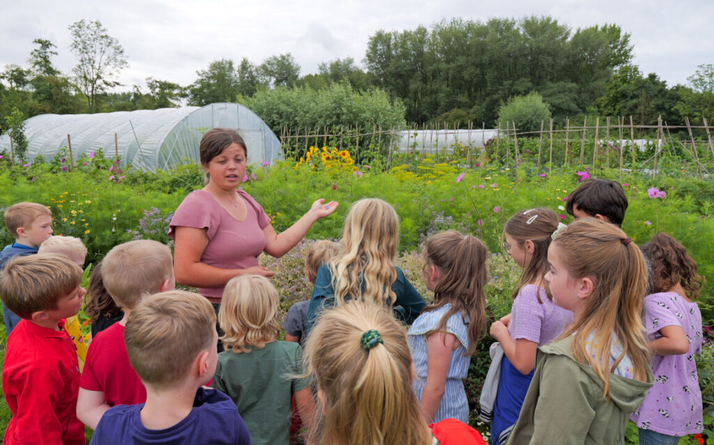 Meisje geeft uitleg aan groep kinderen bij een bloemenveld